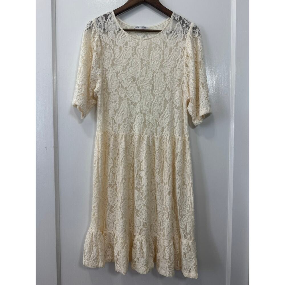 Zara Ivory Cream Leafy Lace Fit and Flare Dress Overlay Sz L Romantic Wedding